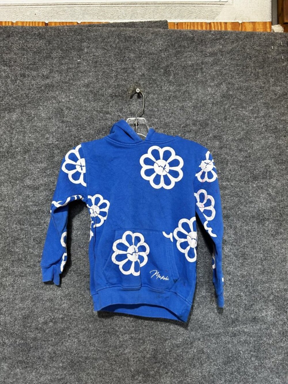 Makobi Hoodie Girls 6 Blue Floral Pullover Fleece Kangaroo Pocket Sweatshirt
